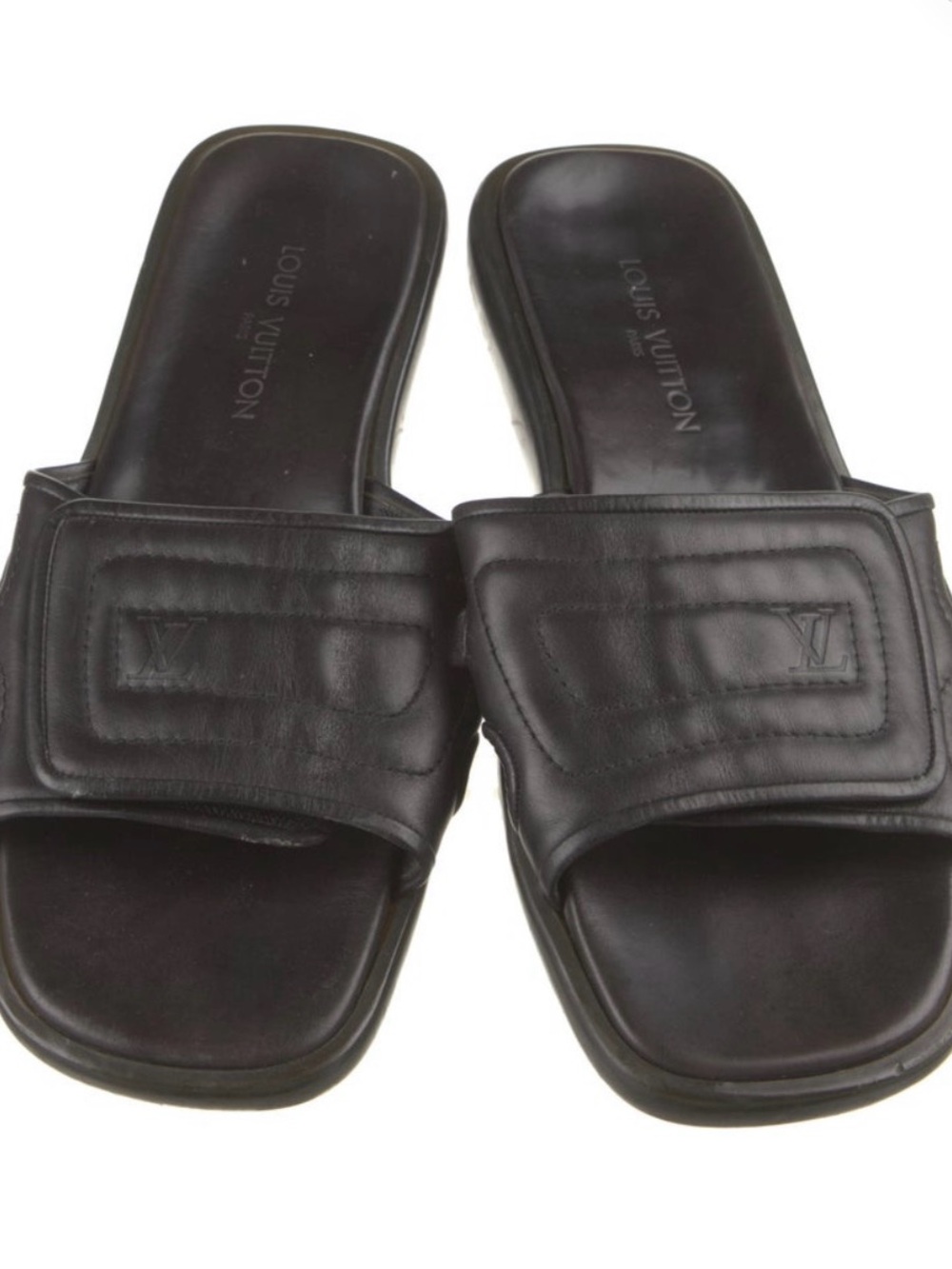 Louis Vuitton Black Leather Slide Sandals with Quilted Strap